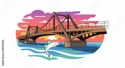 A fish jumps from the water below a suspension bridge during a vibrant sunset