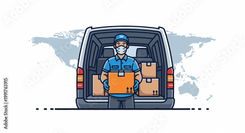 A masked delivery person holds a package in front of an open van filled with boxes
