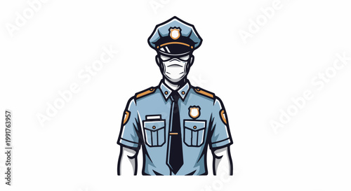A masked officer in uniform stands guard