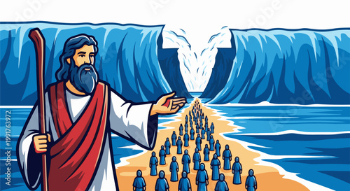 A man with a staff parts the sea for a procession of people walking on dry land