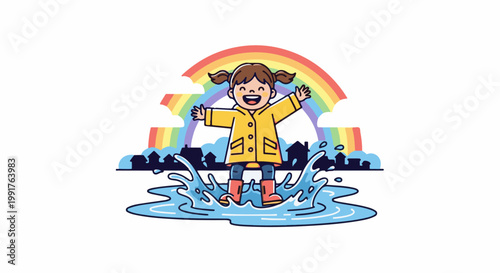 A happy child in a yellow raincoat jumps in puddles under a rainbow