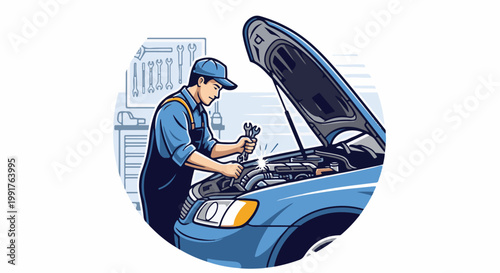 A mechanic in blue overalls and a cap works on a blue car with its hood open