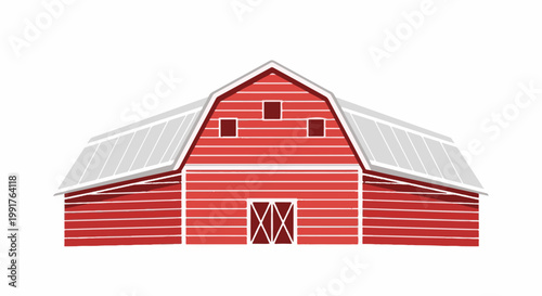 A red barn with a silver roof stands against a white background