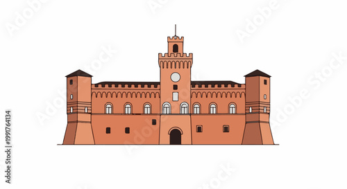 A flat, illustrative depiction of a terracotta-colored fortress with towers and battlements