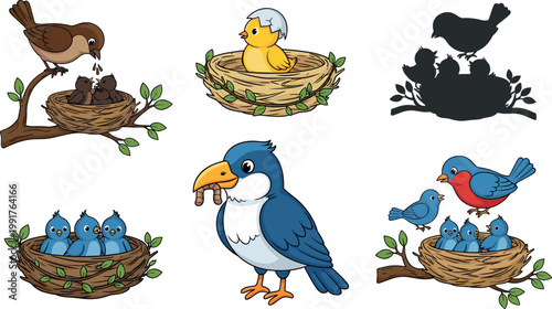 Cartoon Birds in Nests with Baby Birds, Eggs, and Worms Vector Set for Nature and Wildlife Illustrations