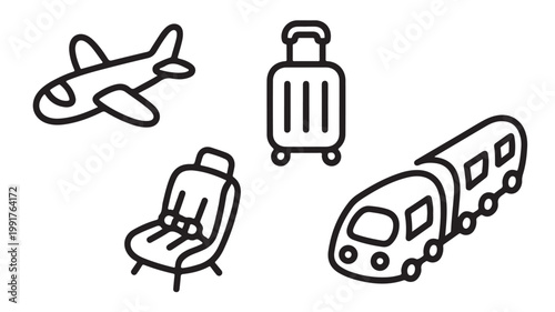 Travel Icons Set Including Airplane, Luggage, Train, And Airplane Seat For Transportation Concepts