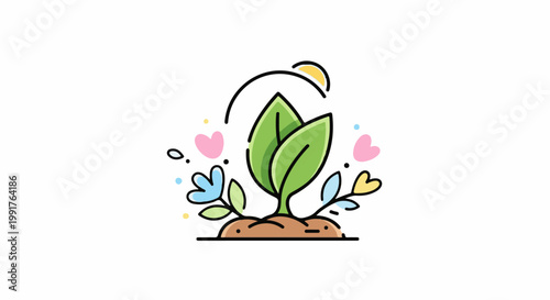 A growing green sprout with colorful flowers, hearts, and a sun arc