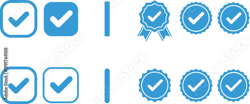 Check mark icons and badge seals collection with approval symbols, verified stamp elements in modern flat vector style isolated on white background