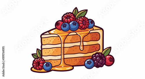 A delicious slice of cake drizzled with honey and topped with fresh berries