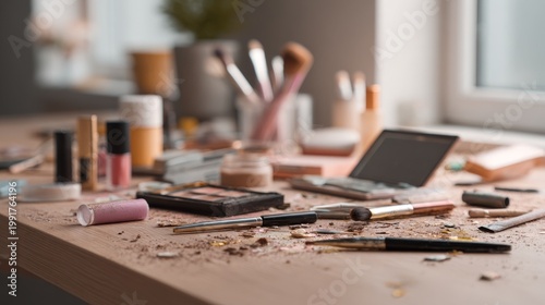 Disorganized Beauty Chaos: Close-Up of Scattered Makeup Items on a Messy Table Capturing the Cluttered Cosmetic Texture in Natural Light Macro Shot