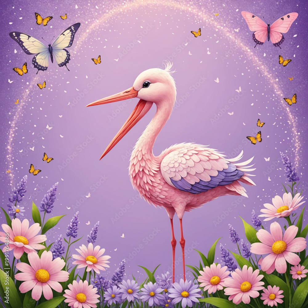 Fototapeta premium Cute 'It's a Girl' nursery art with a pink stork carrying a bundle, su...