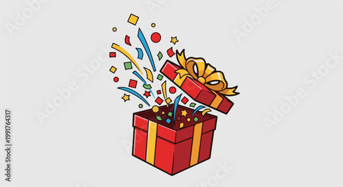 A red gift box bursts open with colorful confetti and streamers flying out, tied with a yellow ribbon