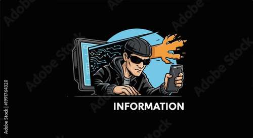 A hacker in sunglasses and a beanie is captured from the chest up, reaching for a phone, while an orange claw emerges from a computer screen