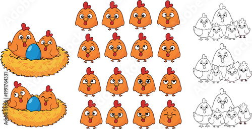 Cartoon Chickens with Eggs in Nest and Expressive Faces Vector Set for Poultry and Farmyard Illustrations