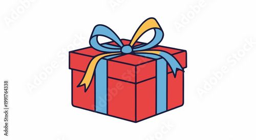 A red gift box with a blue and yellow ribbon and bow