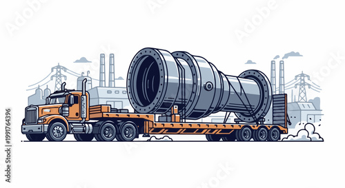 A large industrial pipe is transported on a flatbed truck, with factory structures in the background