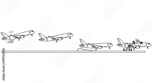 Airplane landing sequence vector illustration showing descent touchdown and boarding on runway