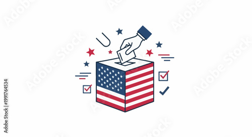 A hand casts a ballot into a US flag patterned box amidst stars and checks