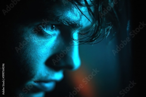 Woman with glowing blue light digital portrait illustration