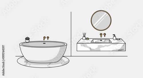 A minimalist bathroom with a marble sink and standalone tub