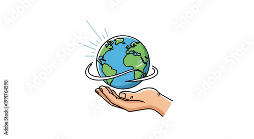 A hand cradles the Earth with blue light rays radiating from it