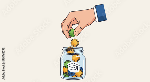 A hand drops coins into a jar with a graduation cap symbol