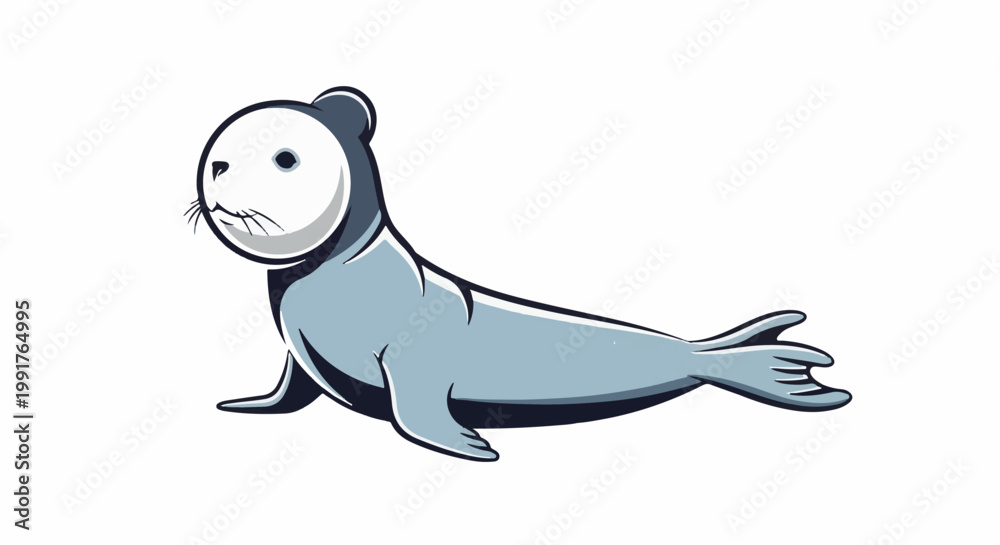 Fototapeta premium A cute, light blue seal with a dark grey head outline, facing left, on a white background
