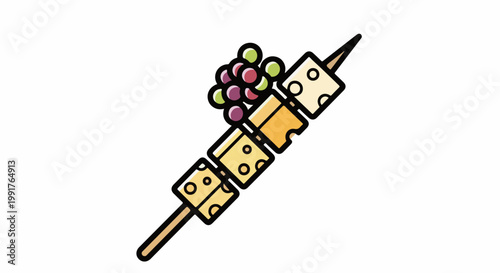 A delightful skewer of cubed cheese and a bunch of grapes, presented as a simple, appealing illustration