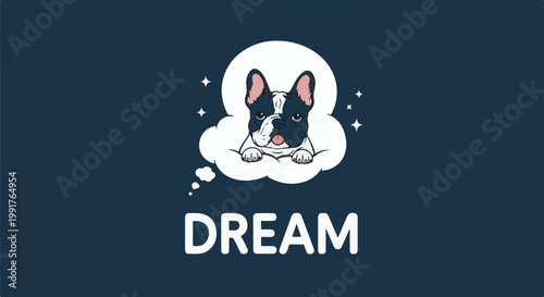 A cute French bulldog is dreaming inside a cloud