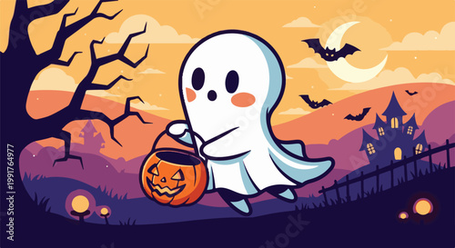 A cute ghost carries a jack-o'-lantern bucket near a spooky haunted house under a moonlit sky