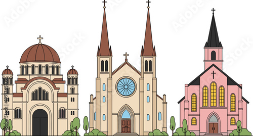 Church buildings collection with cathedral and chapel architecture, religious landmarks vector set in detailed cartoon style isolated on white background
