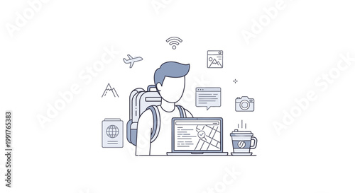 Line drawing of a man planning travel on a laptop with a backpack and various travel icons floating around him on a white background.