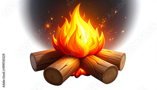 A vibrant illustration depicts a crackling campfire with glowing embers and realistic wood logs.