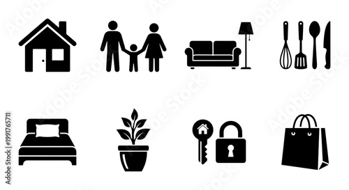 Minimalist home and lifestyle icon set, black flat vector symbols for real estate and family life, 8 household and living icons for web design