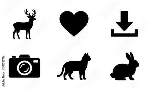 Minimalist black silhouette icons set, collection of 6 vector symbols featuring animals and UI elements, deer cat rabbit camera heart and download icons