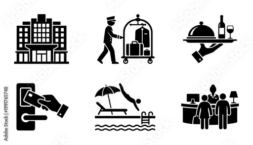 Hotel service icon set, black hospitality symbols for travel and tourism, 6 vector elements for resort amenities and guest services