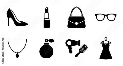Fashion and beauty icon set, black silhouette female accessories vector collection, 8 minimalist cosmetics and apparel symbols for retail