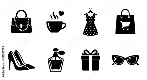 Fashion and lifestyle icons set, black shopping and beauty vector silhouettes, collection of 8 feminine retail and luxury accessories symbols