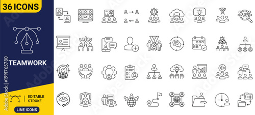 Collection of Line Icons Representing Teamwork, Collaboration, and Business Processes