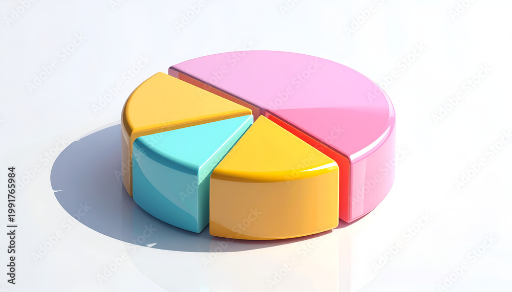 Obraz premium A vibrant, three-dimensional pie chart with distinct color segments is presented against a clean white background, symbolizing data representation and analysis.