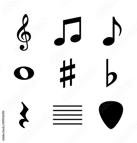 Musical notation symbols set, black music notes and icons on white background, 9 vector elements for song composition and theory