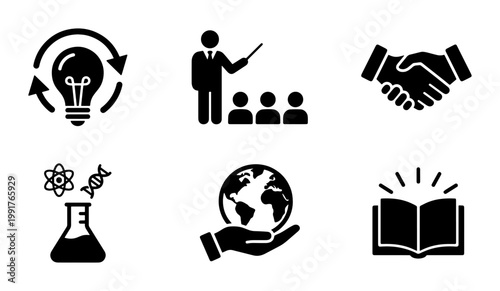 Corporate business and education icons set, black solid pictograms for training and global strategy, 6 vector elements for professional presentations
