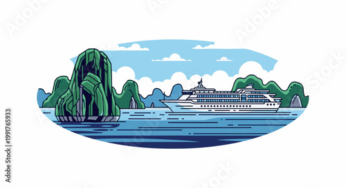 A large white cruise ship sails on blue water near verdant, rocky islands under a cloudy sky