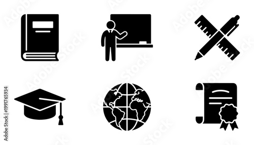 Education icon set with 6 black solid vector symbols, school and university learning elements, graduation cap and diploma icons for academic design
