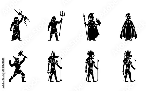 Ancient mythology gods silhouette icons, set of 8 black vector deities including Zeus, Poseidon, Athena, Thor, and Anubis, historical divine figures