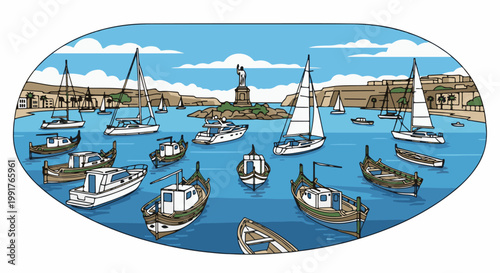 A picturesque harbor filled with various boats, yachts, and sailboats under a bright sky
