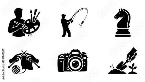 Black hobby icons set, creative leisure activities vector collection, minimalist lifestyle symbols for painting fishing chess knitting photography and gardening