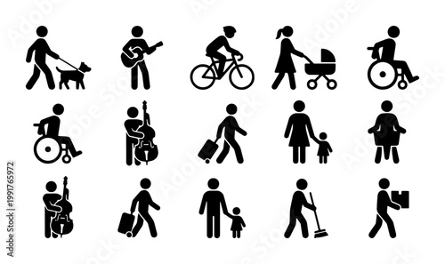 Black stick figure icons set, 15 diverse people pictograms, human silhouettes in various activities, urban lifestyle vector symbols for wayfinding