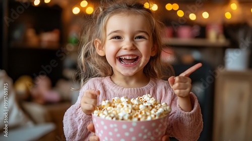 Joyful Little Girl Laughing with Popcorn with Pointing, Warm Lights, and Cozy Atmosphere.