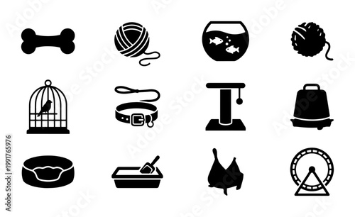 Pet shop icons set, 12 black solid vector symbols of animal care supplies, domestic pet accessories for veterinary clinic and pet store branding